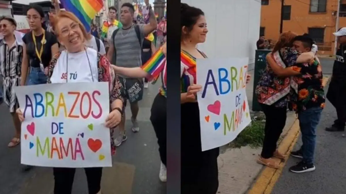 Madre sale a repartir abrazos durante el Pride  Foto Captura de pantalla